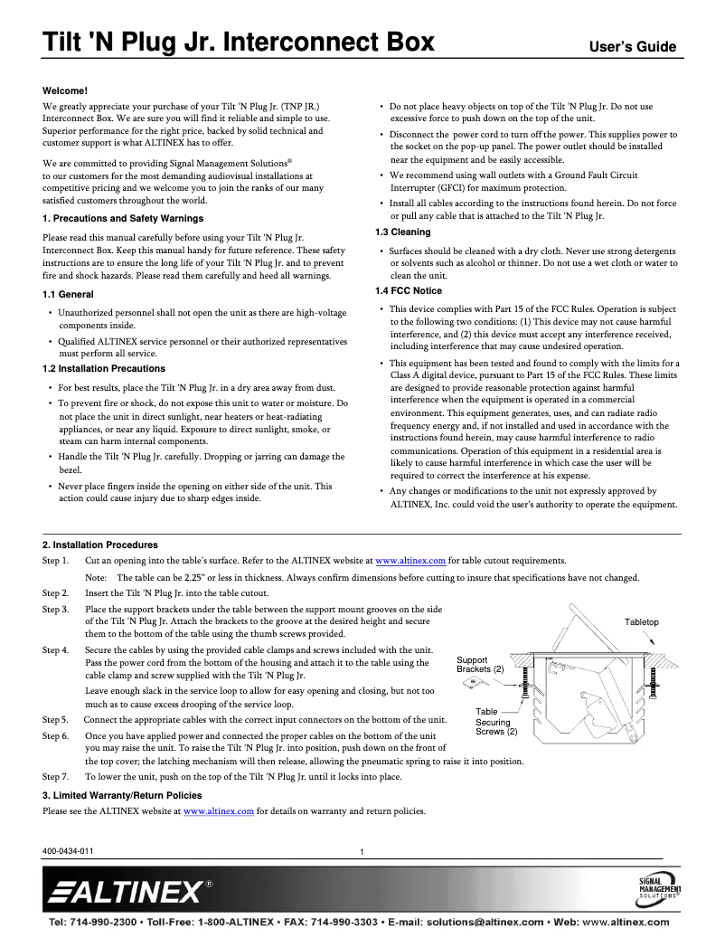 Imagen de la primera página del manual del dispositivo Tilt 'N Plug Jr TNP151C