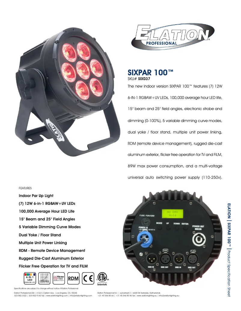 Imagen de la primera página del manual del dispositivo Sixpar 100