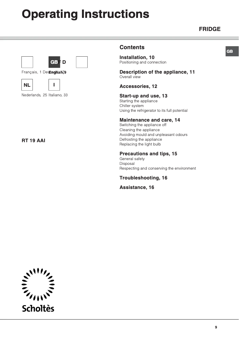 Página 1 del manual Manual de usuario Scholtès RT 19 AAI