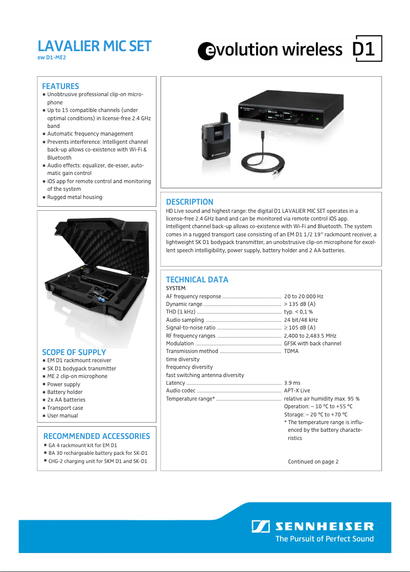 Página 1 del manual Ficha técnica Sennheiser ew D1-ME 2