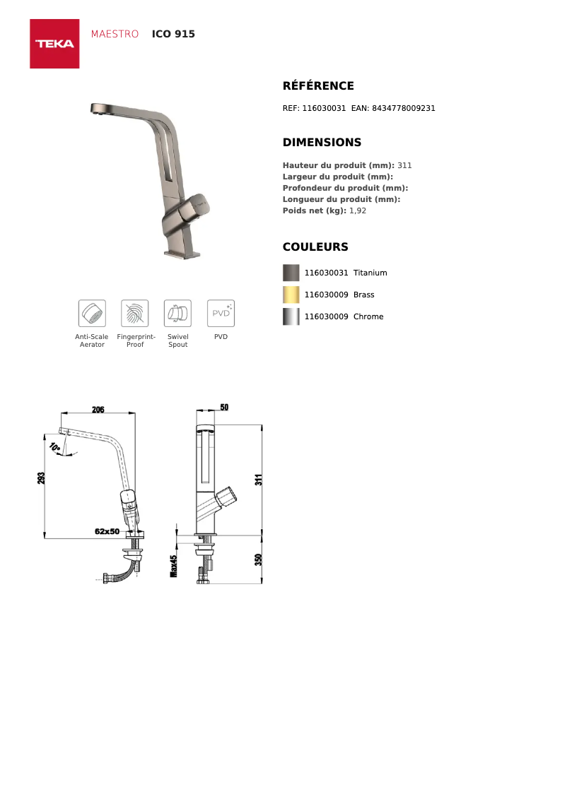 Página 1 del manual Ficha técnica Teka ICO 915