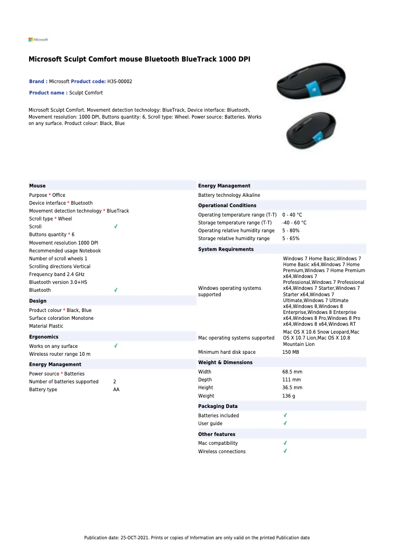 Página nº 1 - Manual de usuario Microsoft Sculpt Comfort Mouse