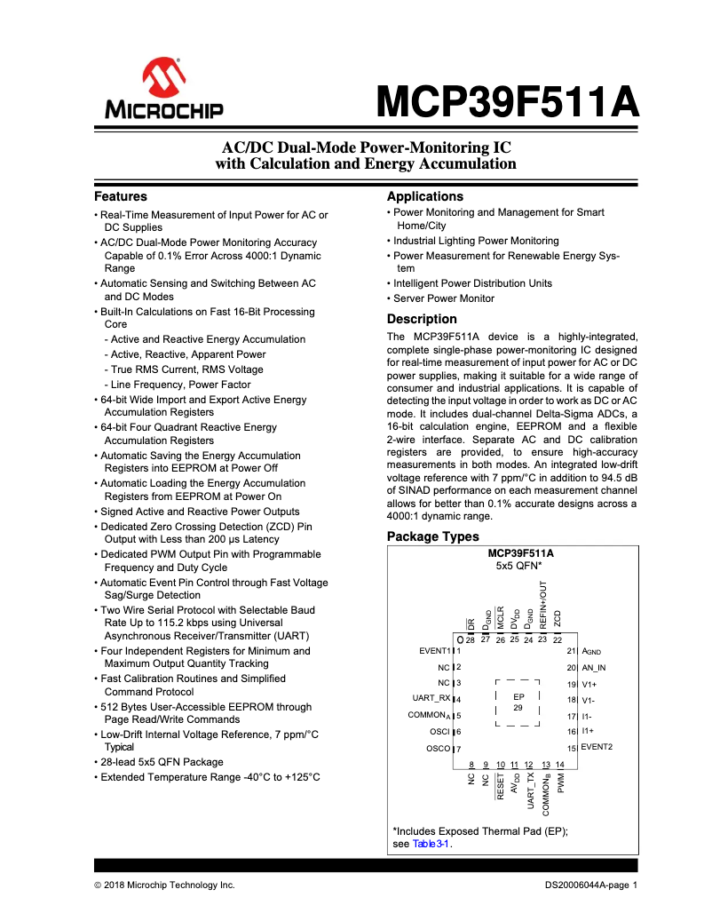 Imagen de la primera página del manual del dispositivo MCP39F511A