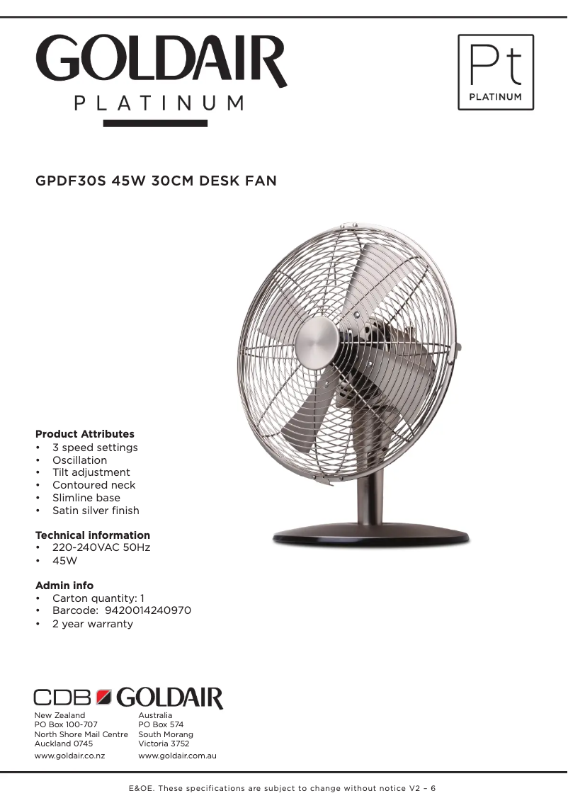 Página 1 del manual Ficha técnica GoldAir GPDF30S