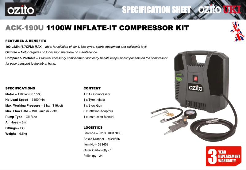 Página 1 del manual Ficha técnica Ozito ACK-190U