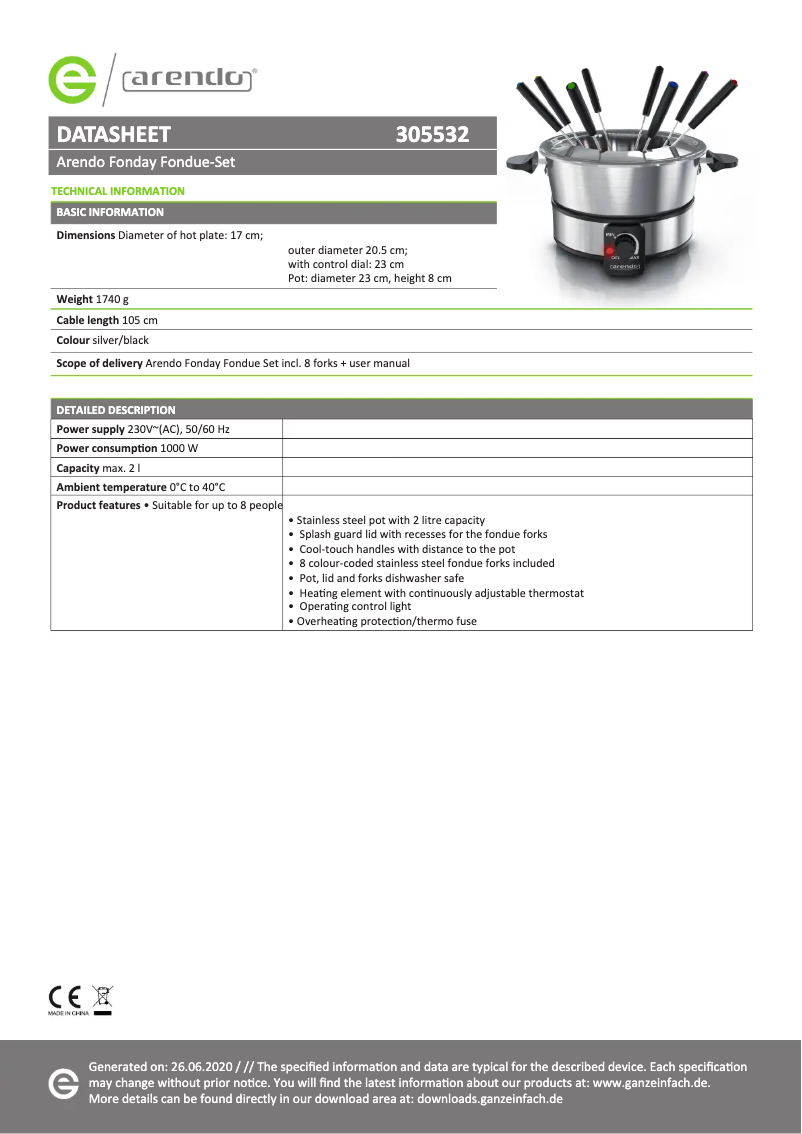 Página 1 del manual Ficha técnica Arendo Maki 305532