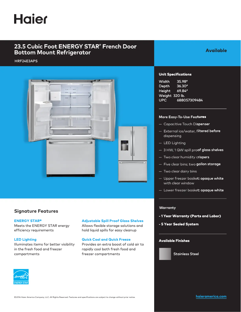 Página 1 del manual Ficha técnica Haier HRF24E3APS