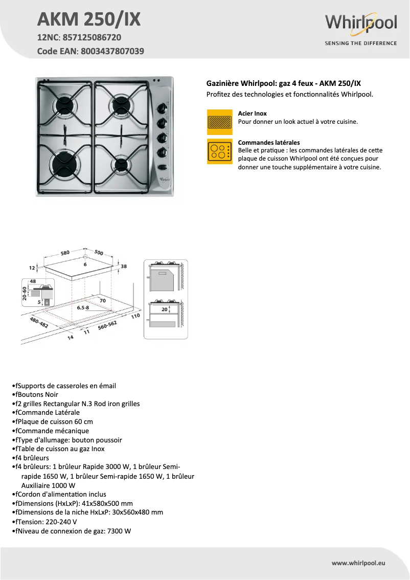 Página 1 del manual Ficha técnica Whirlpool AKM 250/IX