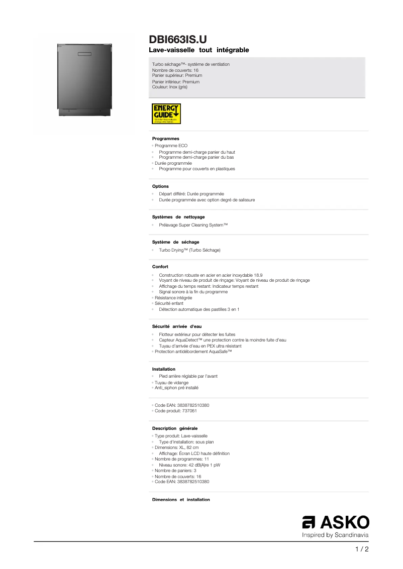 Página 1 del manual Ficha técnica Asko DBI663IS.U