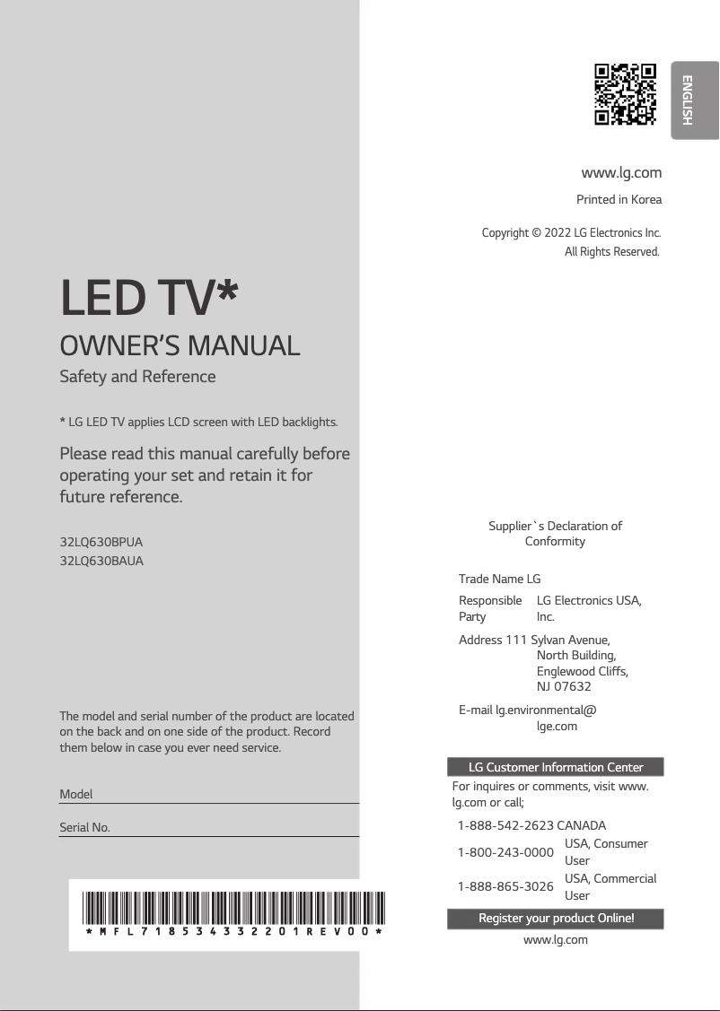 Página nº 1 - Manual de usuario LG 32LQ630BPUA