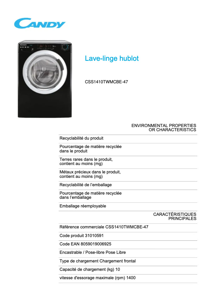 Imagen de la primera página del manual del dispositivo CSS1410TWMCBE-47