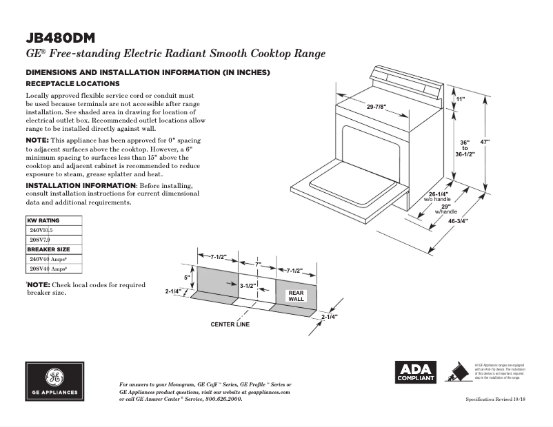 Página 1 del manual Ficha técnica GE JB480DMBB