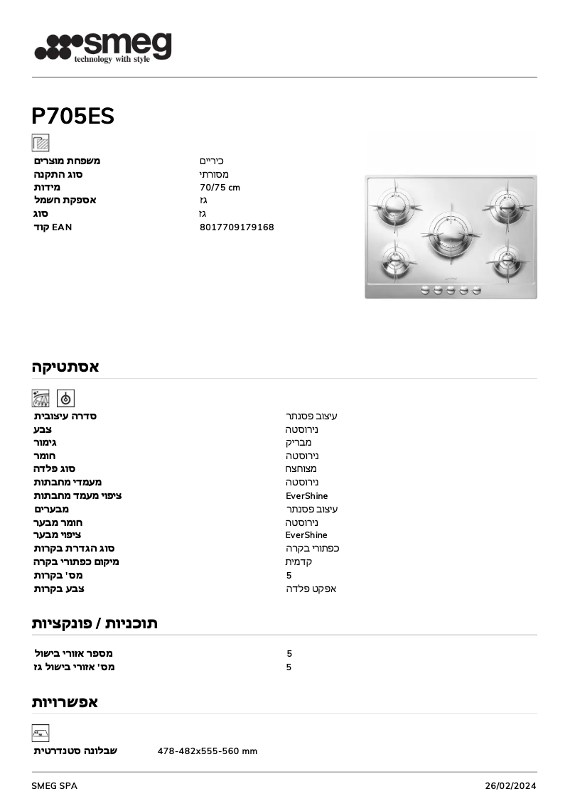 Página 1 del manual Ficha técnica Smeg P705ESBE