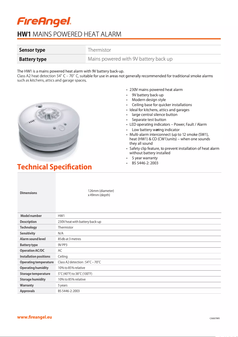 Página 1 del manual Ficha técnica FireAngel HW1-R