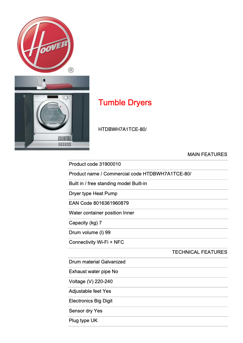 Página 1 del manual Ficha técnica Hoover HTDBW H7A1TCE-80
