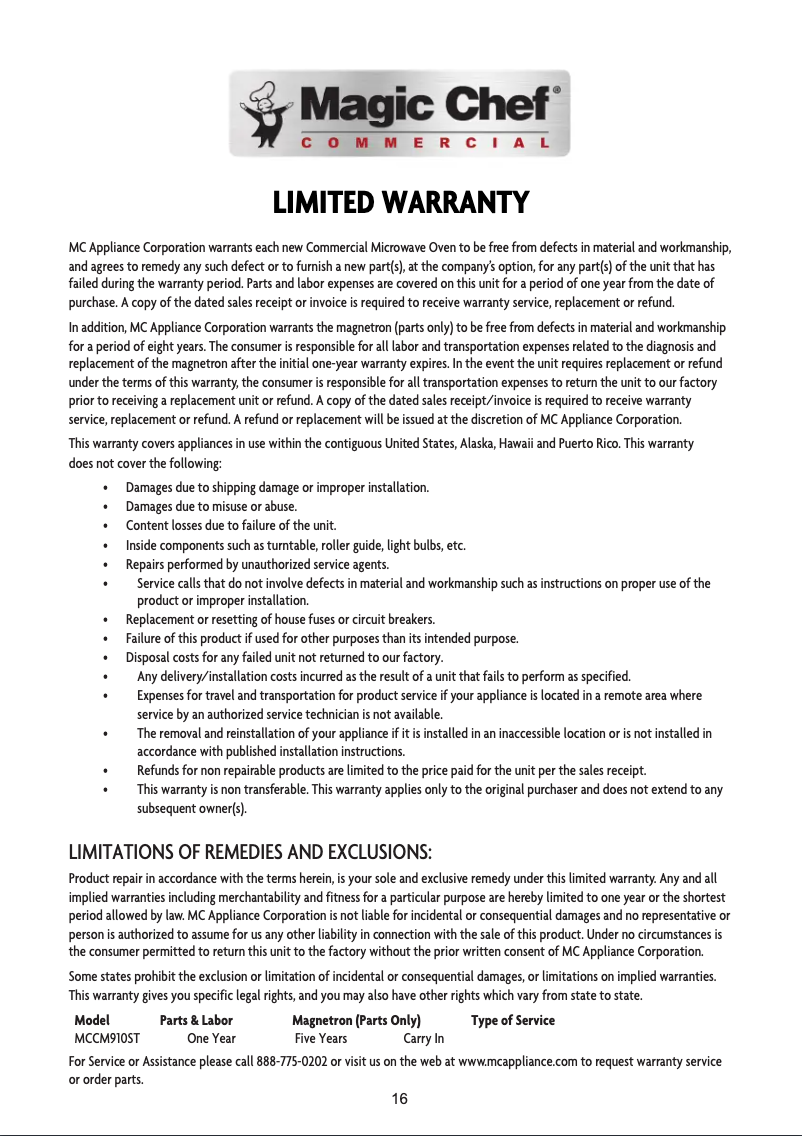 Página 1 del manual Información de garantía Magic Chef MCCM910ST