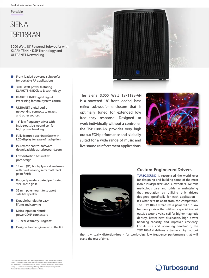 Página 1 del manual Ficha técnica Turbosound Siena TSP118B-AN