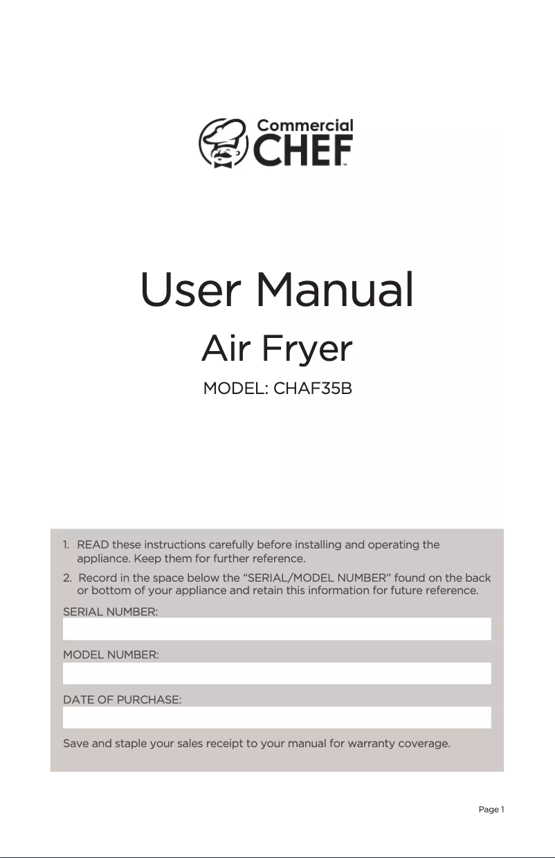 Imagen de la primera página del manual del dispositivo Air Fryer CHAF35B