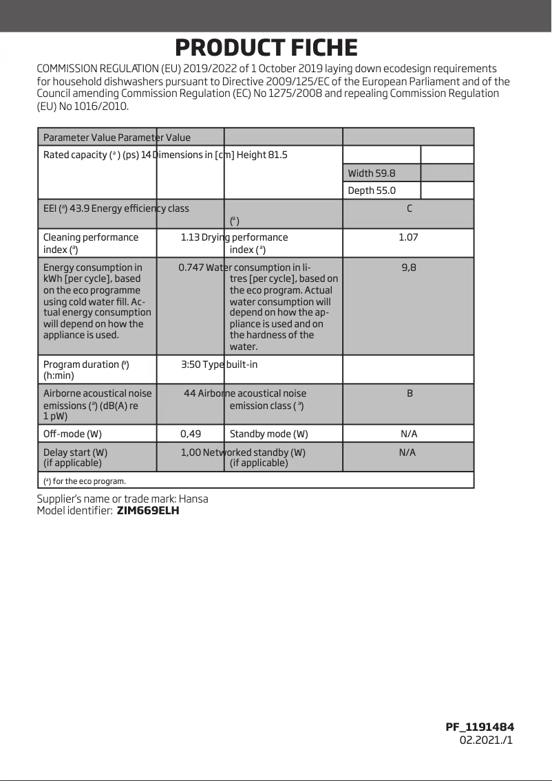 Página 1 del manual Ficha técnica Hansa ZIM669ELH