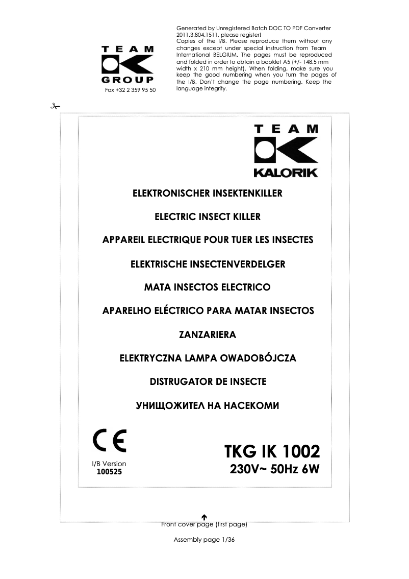 Imagen de la primera página del manual del dispositivo TKG IK 1002