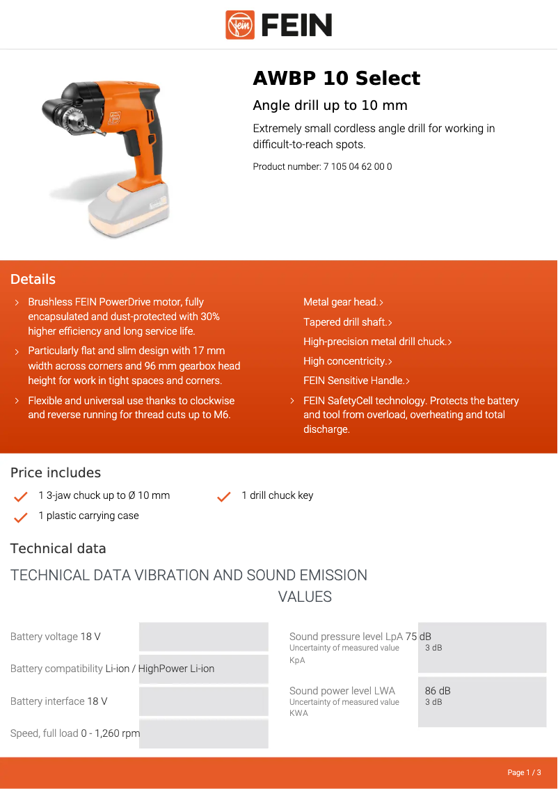 Página 1 del manual Ficha técnica Fein AWBP 10 Select