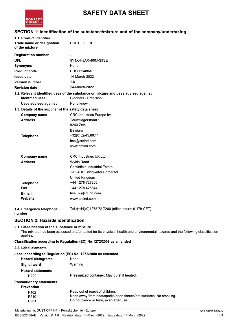 Imagen de la primera página del manual del dispositivo DUST OFF HF