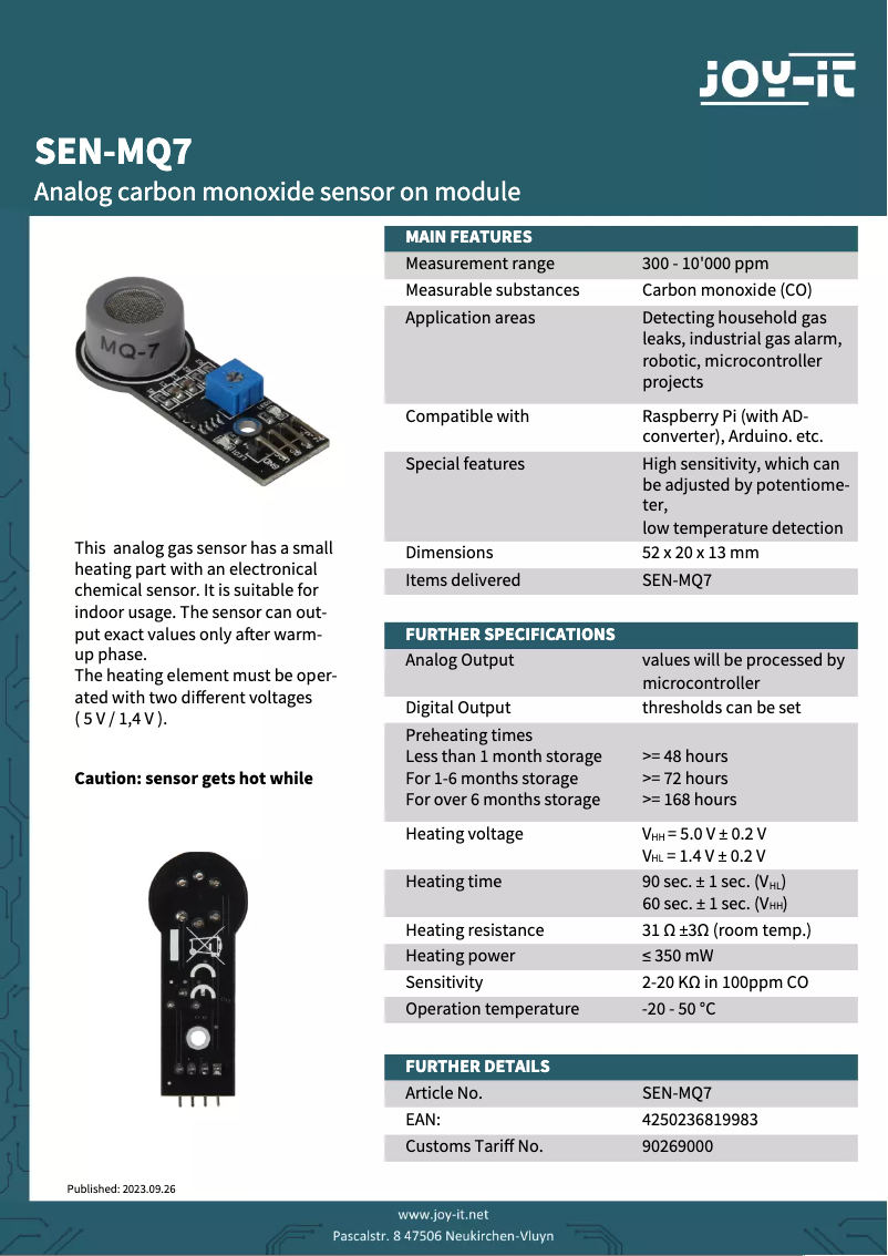 Página 1 del manual Ficha técnica Joy-It SEN-MQ7