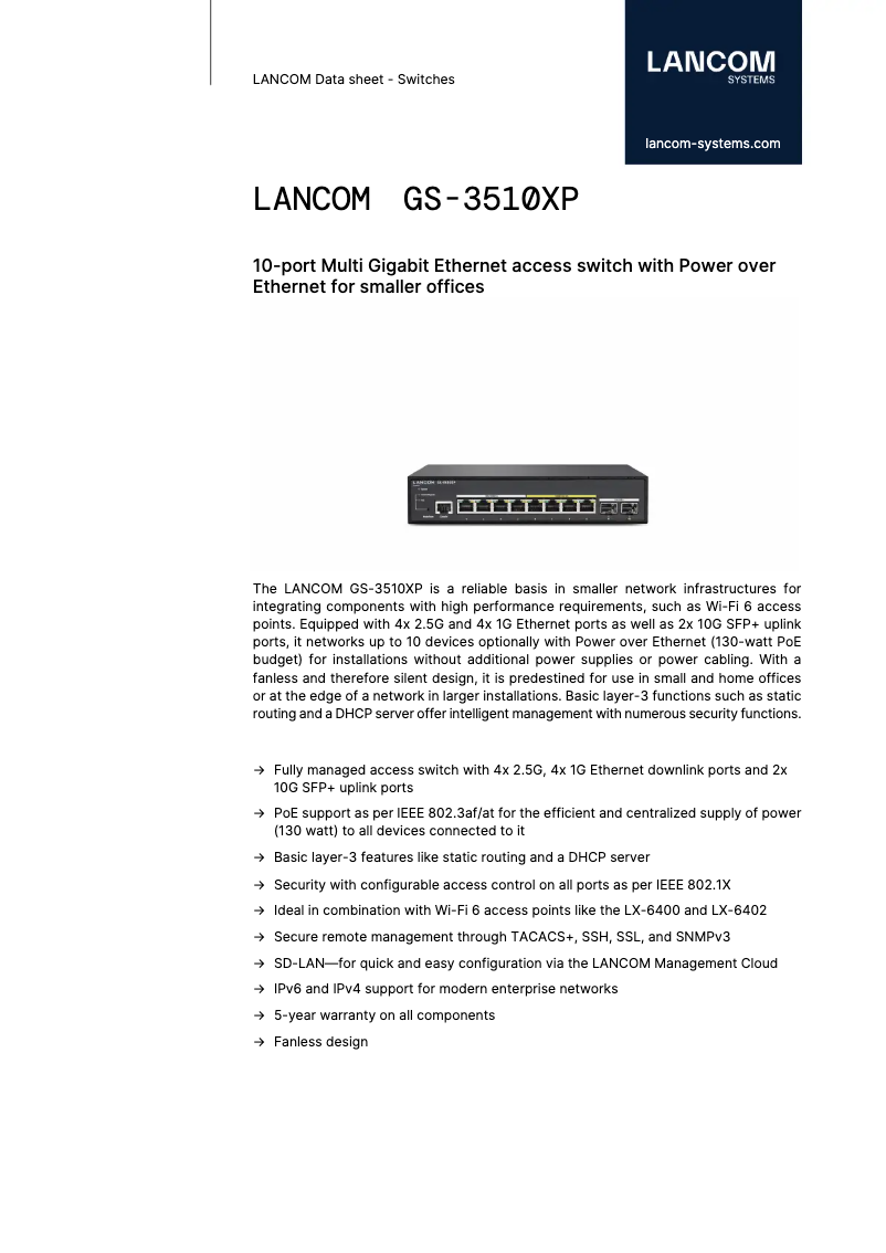 Página 1 del manual Ficha técnica Lancom GS-3510XP