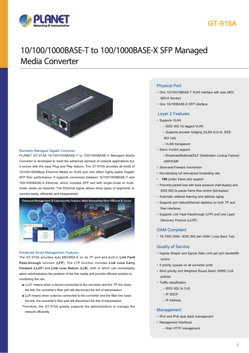 Página 1 del manual Ficha técnica Planet GT-915A