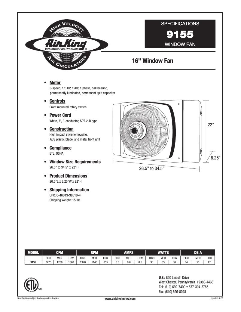 Página nº 1 - Ficha técnica Air King 9155