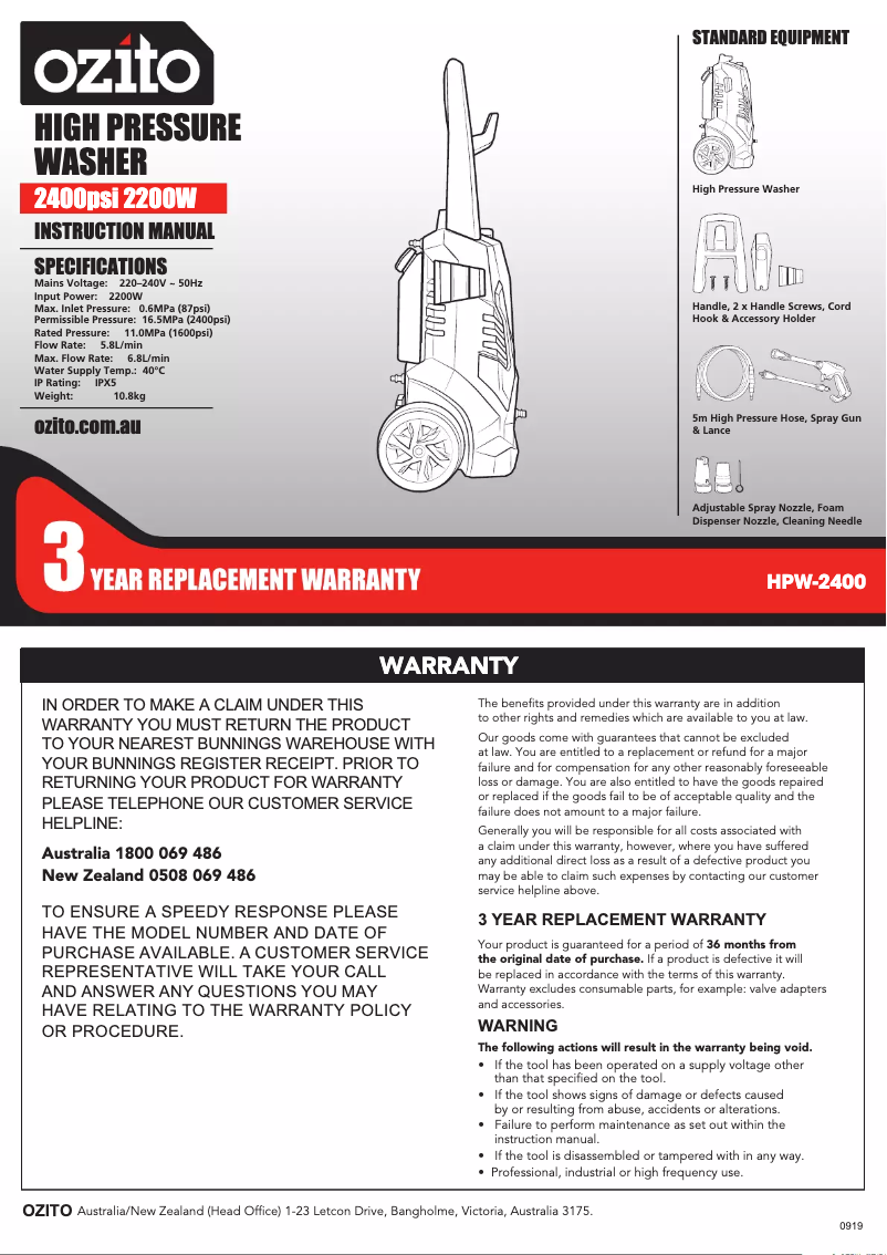 Página nº 1 - Manual de usuario Ozito HPW-2400