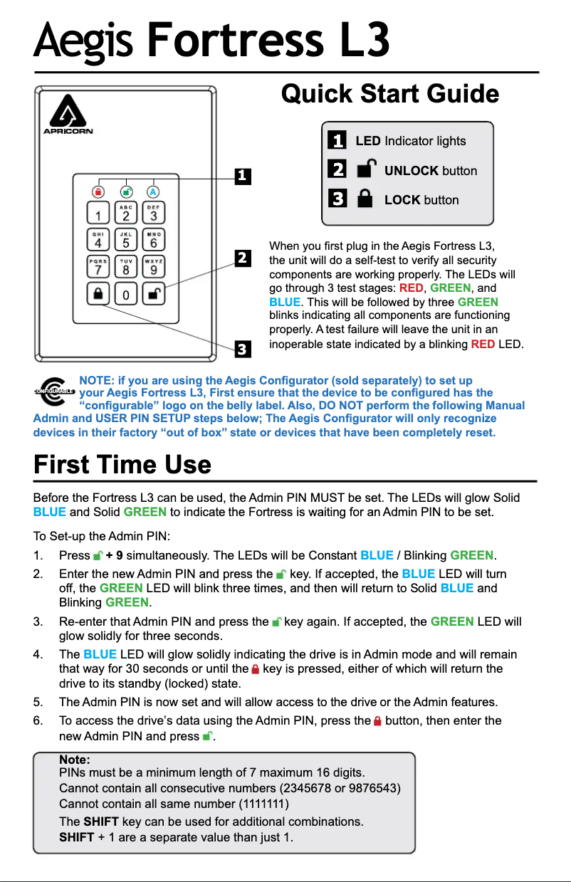 Página nº 1 - Manual de usuario Apricorn Aegis Fortress L3