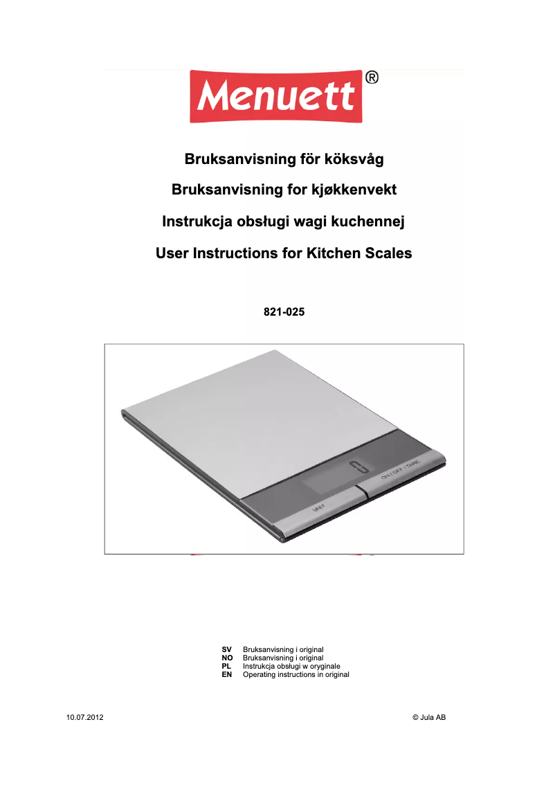 Página 1 del manual Manual de usuario Menuett 821-025