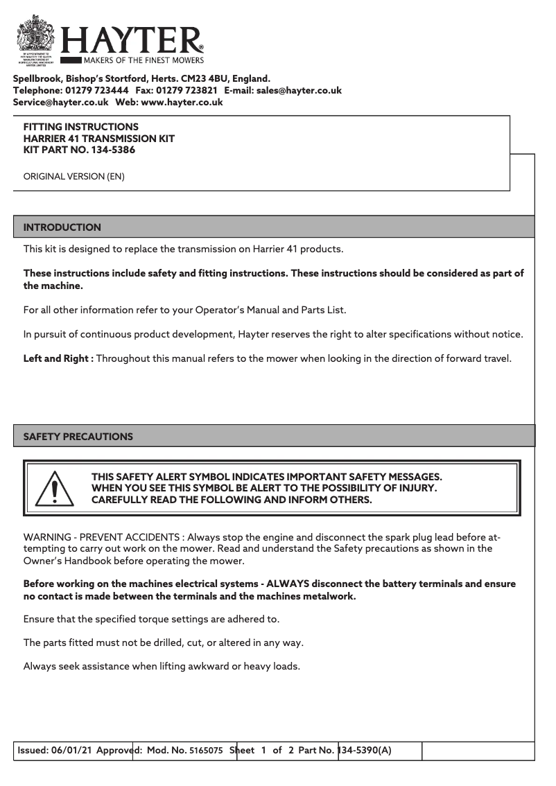 Página nº 1 - Guía de instalación Hayter Harrier 41 PRO AD FS