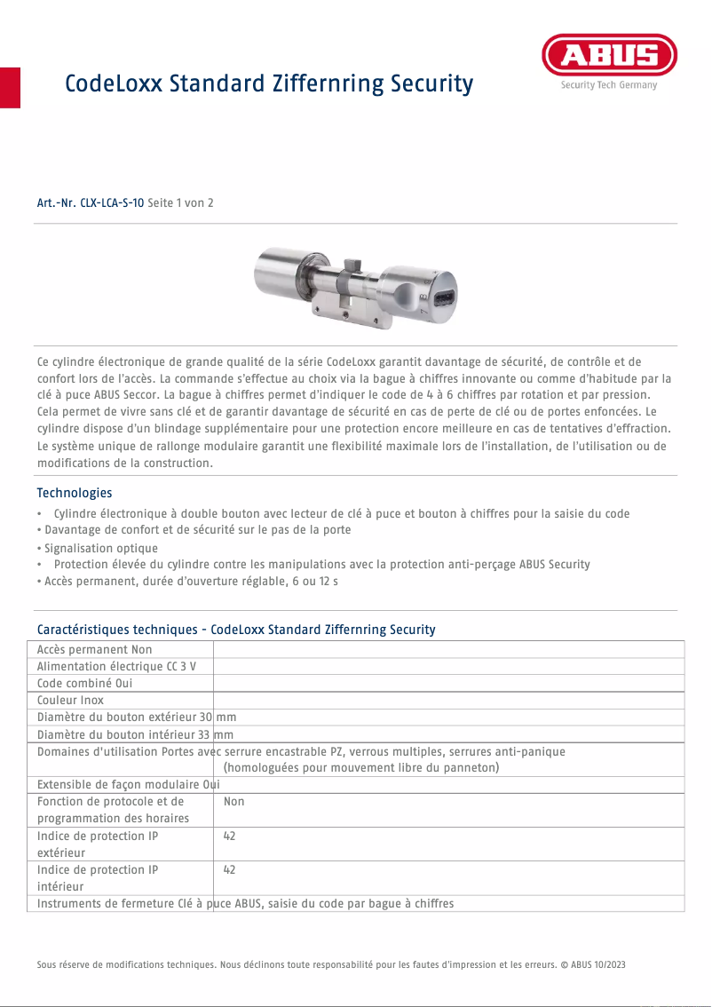 Página nº 1 - Ficha técnica Abus CLX-LCA-S-10