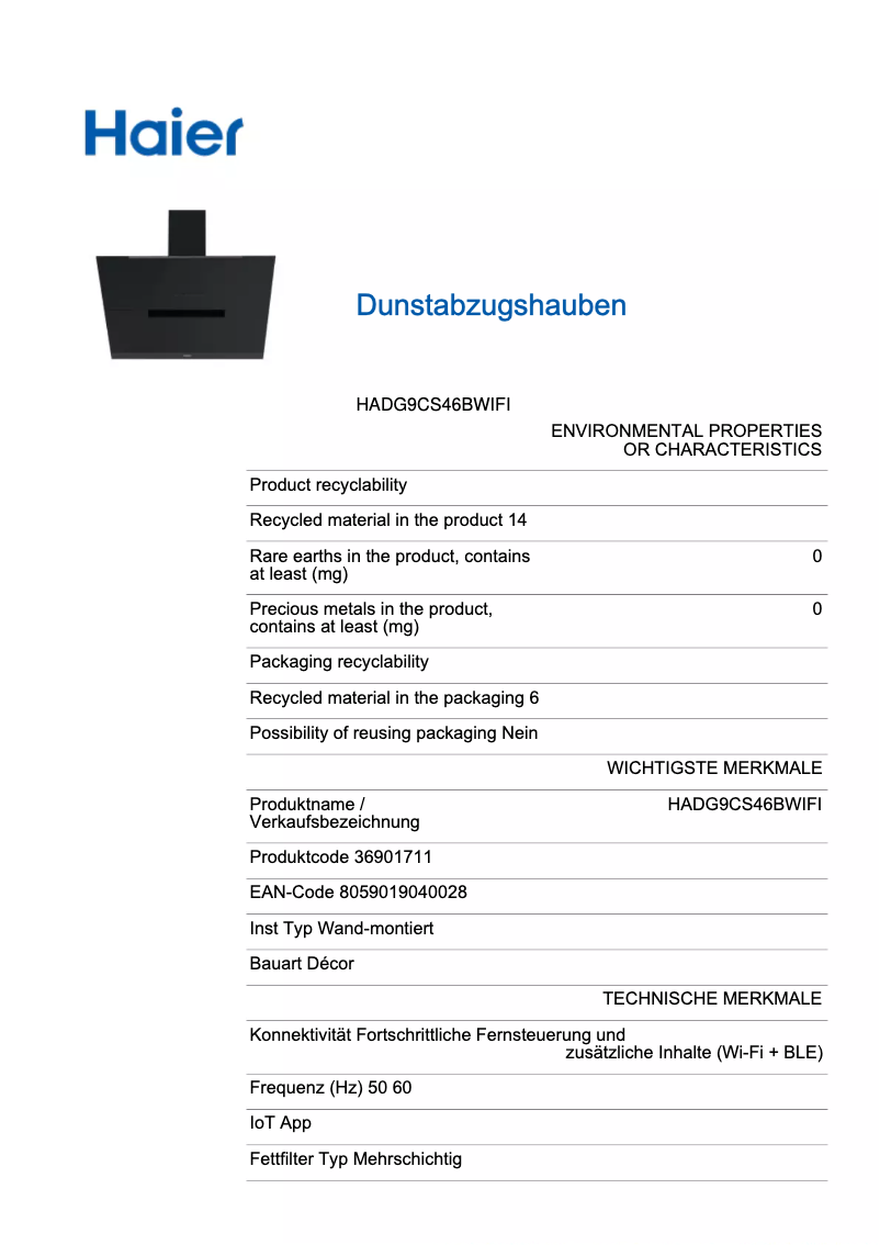 Página 1 del manual Ficha técnica Haier HADG9CS46BWIFI