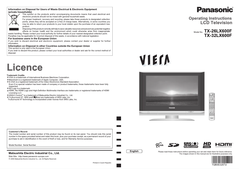 Imagen de la primera página del manual del dispositivo Viera TX-26LX600F