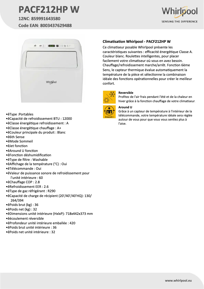 Página 1 del manual Ficha técnica Whirlpool PACF212HP W