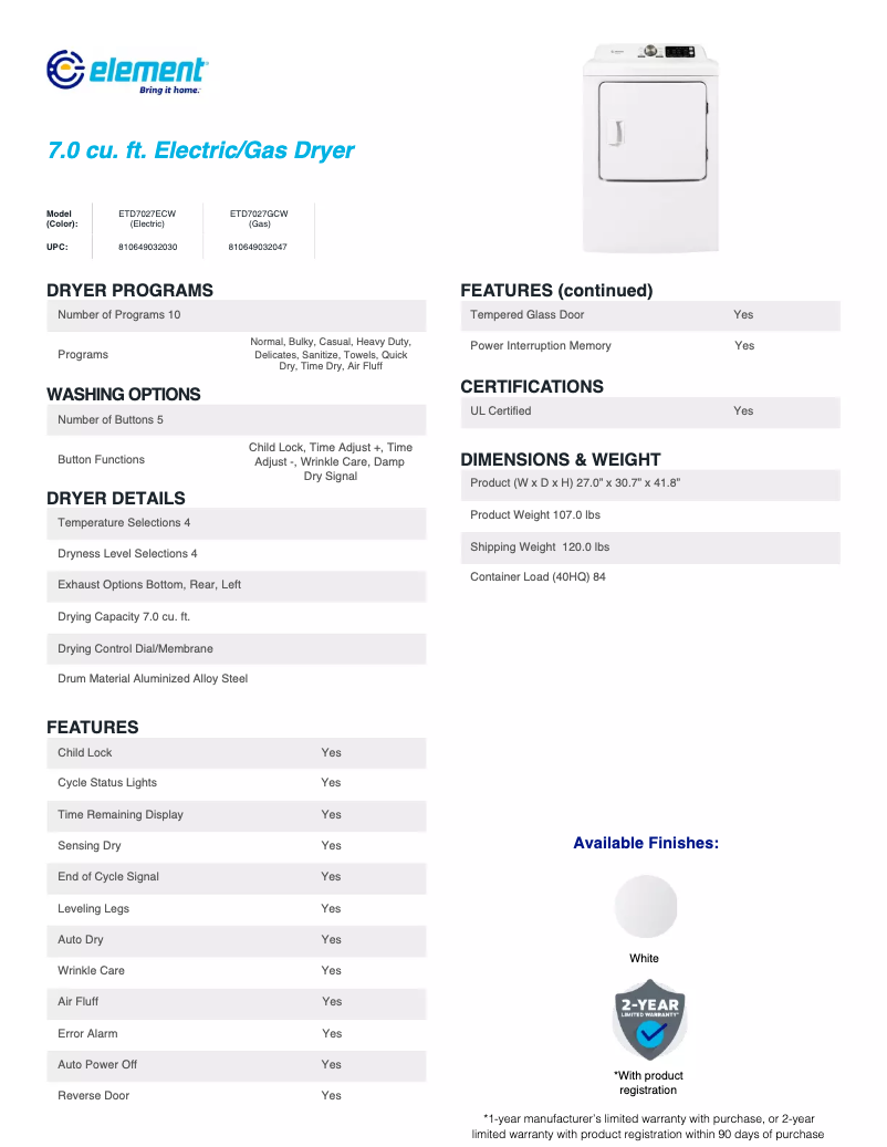 Página 1 del manual Ficha técnica Element ETD7027GCW