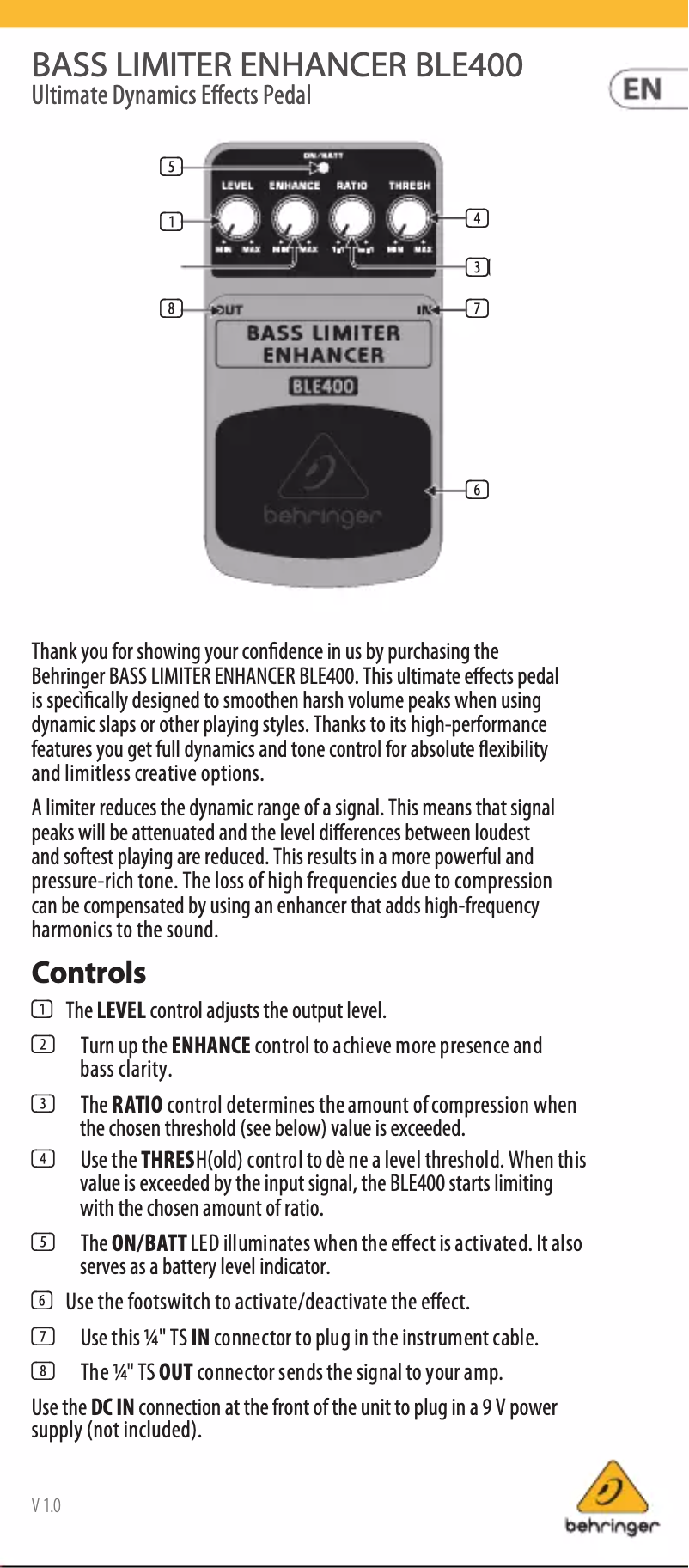Imagen de la primera página del manual del dispositivo Bass Limiter Enhancer BLE400