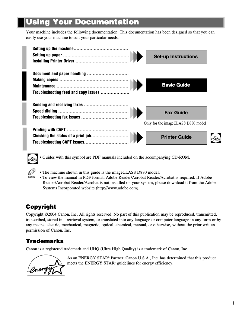 Imagen de la primera página del manual del dispositivo imageCLASS D880