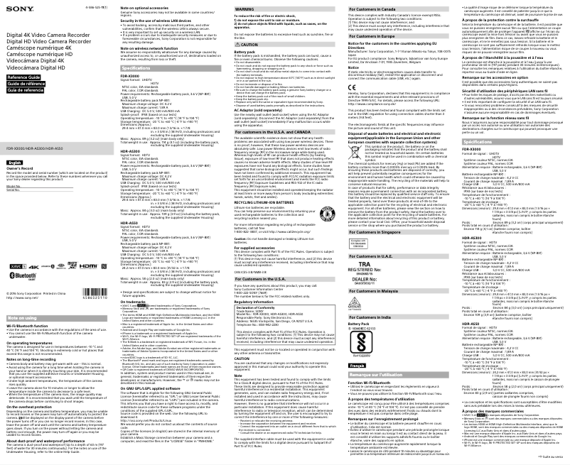 Imagen de la primera página del manual del dispositivo FDR-X3000R