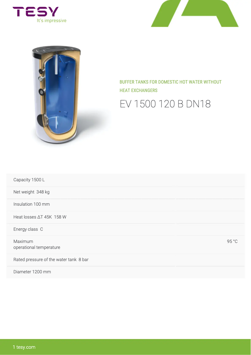Página 1 del manual Ficha técnica Tesy EV 1500 120 B DN18