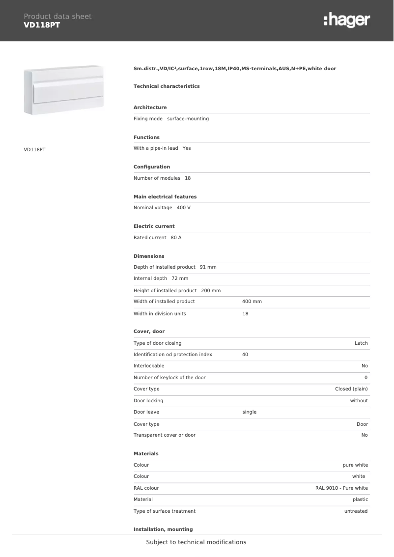Página 1 del manual Manual de usuario Hager VD118PT