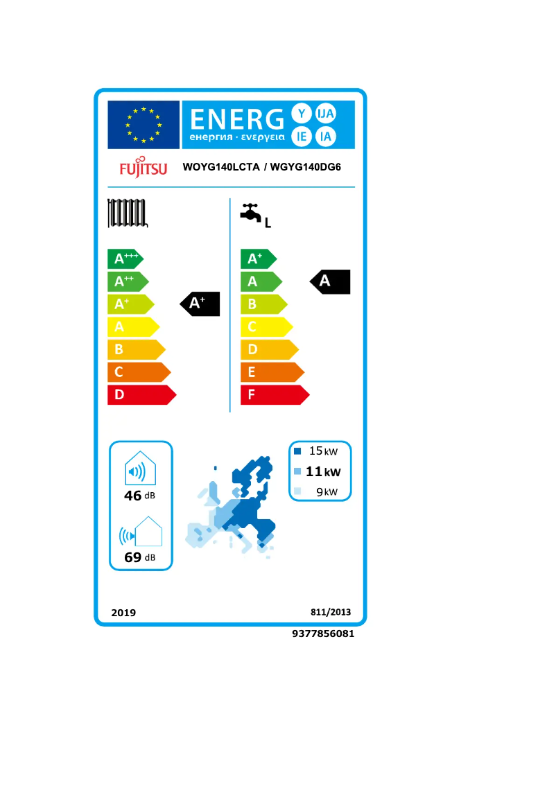Página 1 del manual Etiqueta energética Fujitsu WATERSTAGE WGYG140DG6