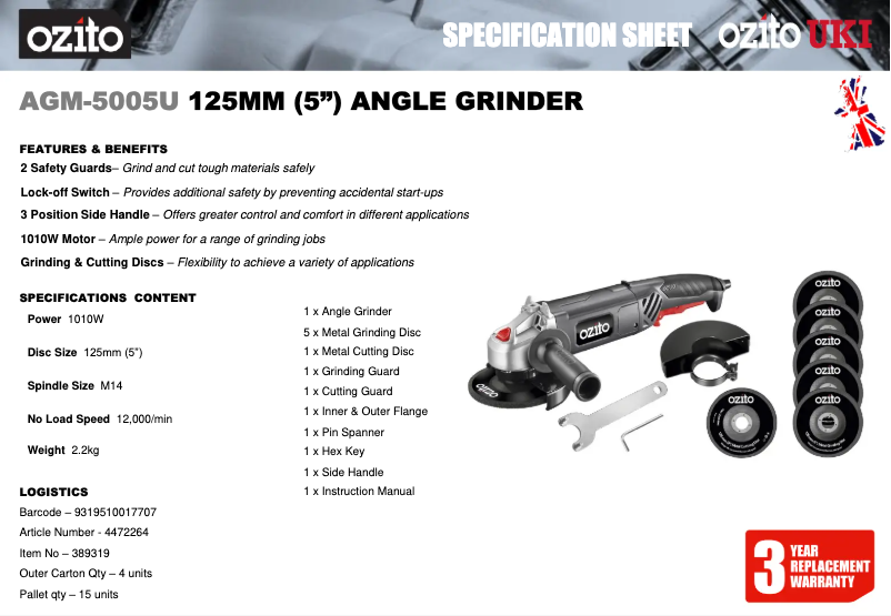 Página 1 del manual Ficha técnica Ozito AGM-5005U