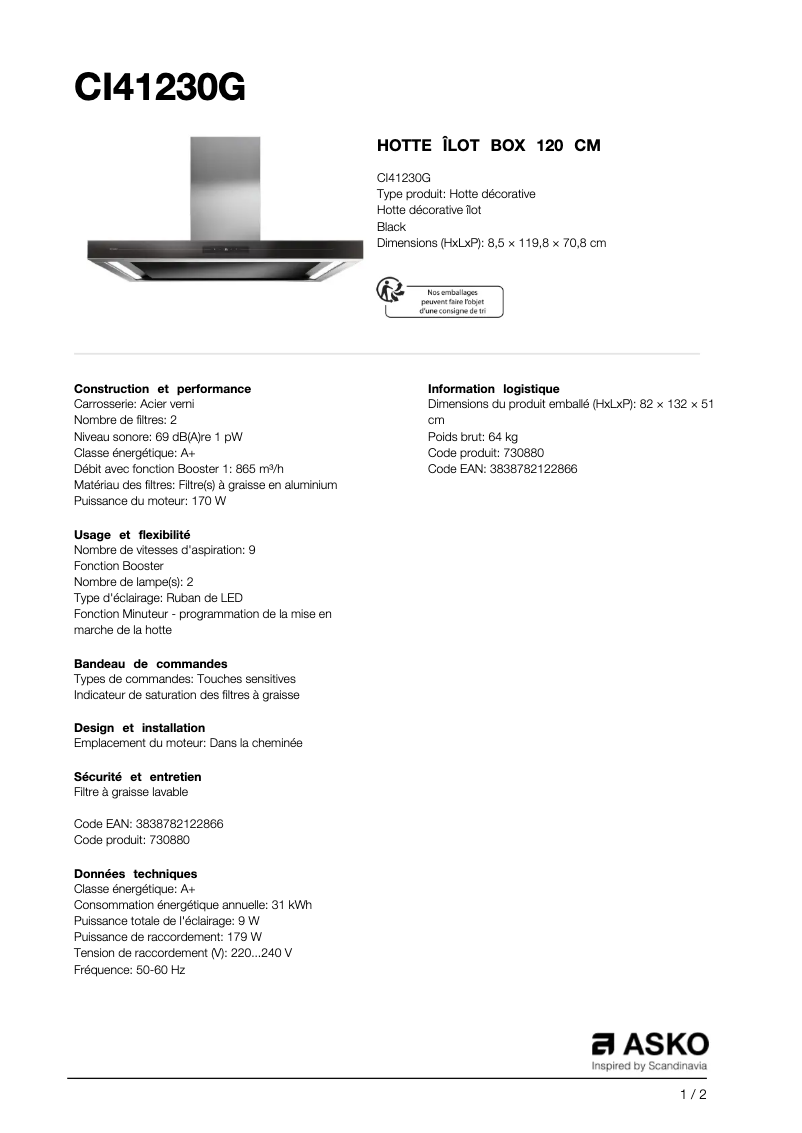 Página 1 del manual Ficha técnica Asko CI41230G