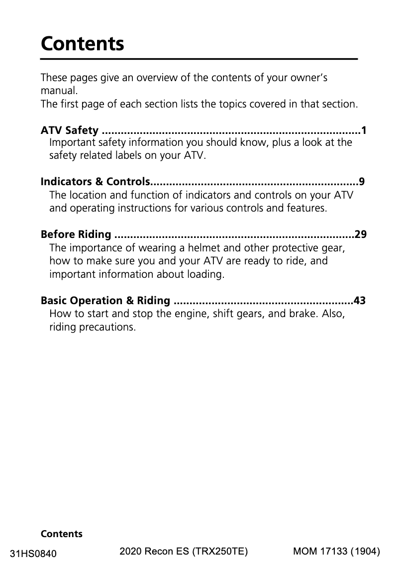 Página 1 del manual Manual de usuario Honda Recon ES (2020)