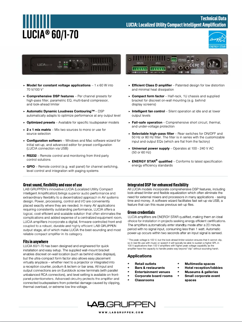 Página 1 del manual Ficha técnica Lab Gruppen LUCIA 60/1-70