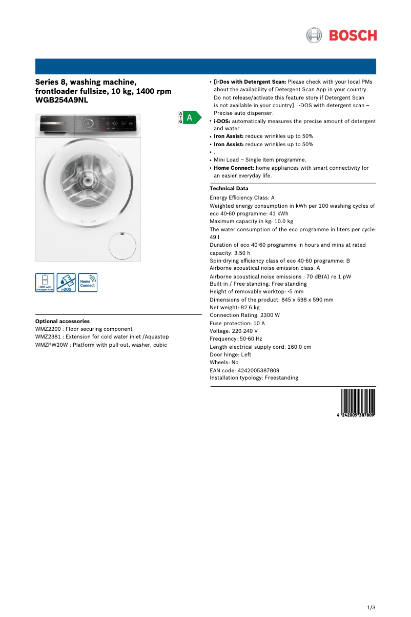 Página 1 del manual Ficha técnica Bosch WGB254A9NL